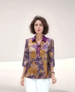 Blusa Feminina Casual de Seda Estampada com Cordão Primavera/Verão