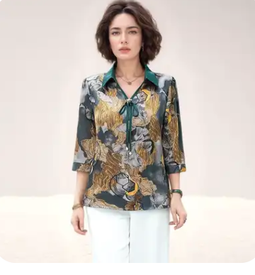 Blusa Feminina Casual de Seda Estampada com Cordão Primavera/Verão