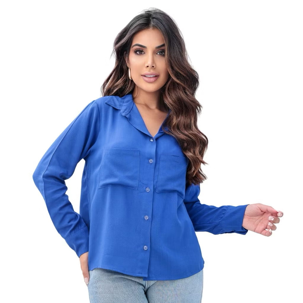 [Compre 1 e Leve 2] Camisa Feminina Casual Camisete Manga Longa Com Bolso Elegance