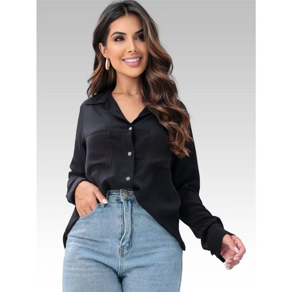 [Compre 1 e Leve 2] Camisa Feminina Casual Camisete Manga Longa Com Bolso Elegance