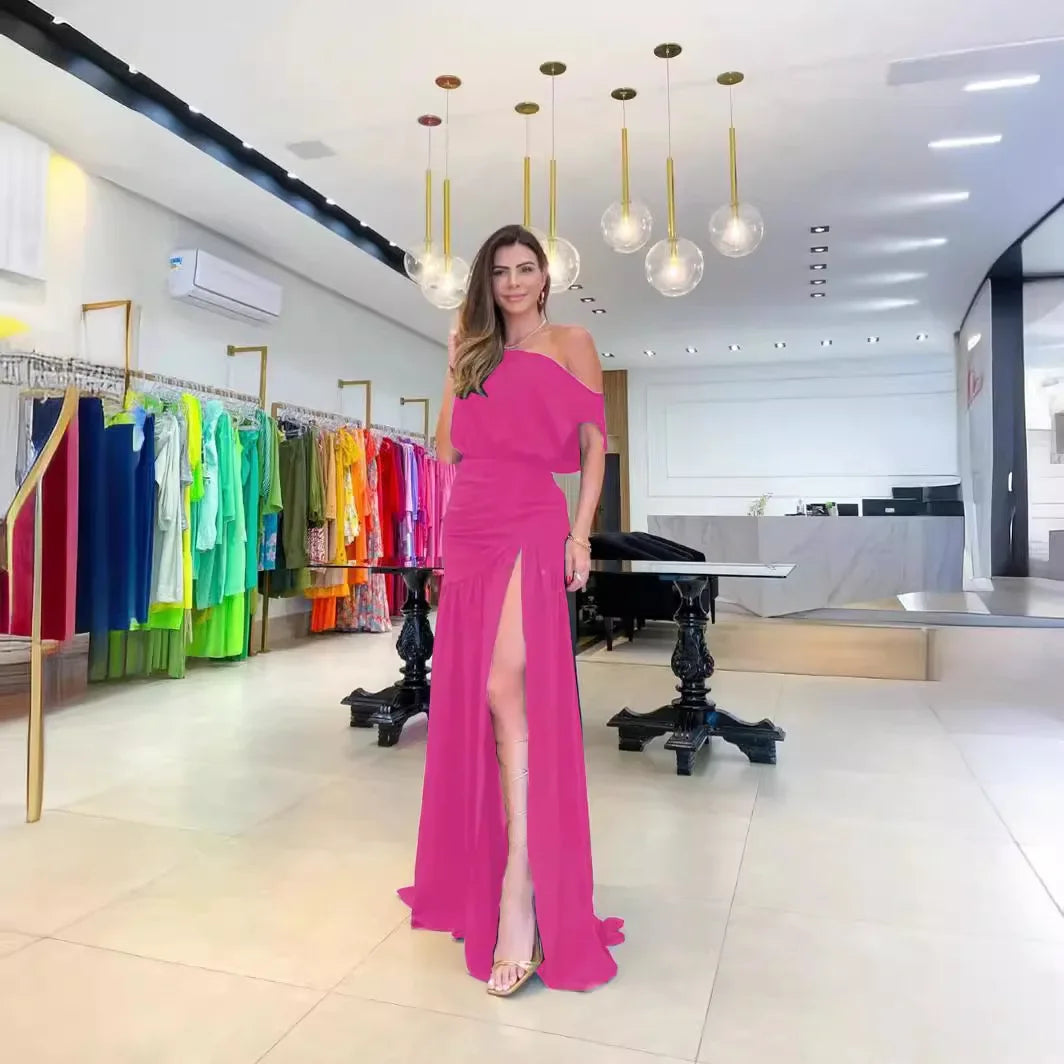 Vestido Longo Ombro a Ombro com Fenda Milla