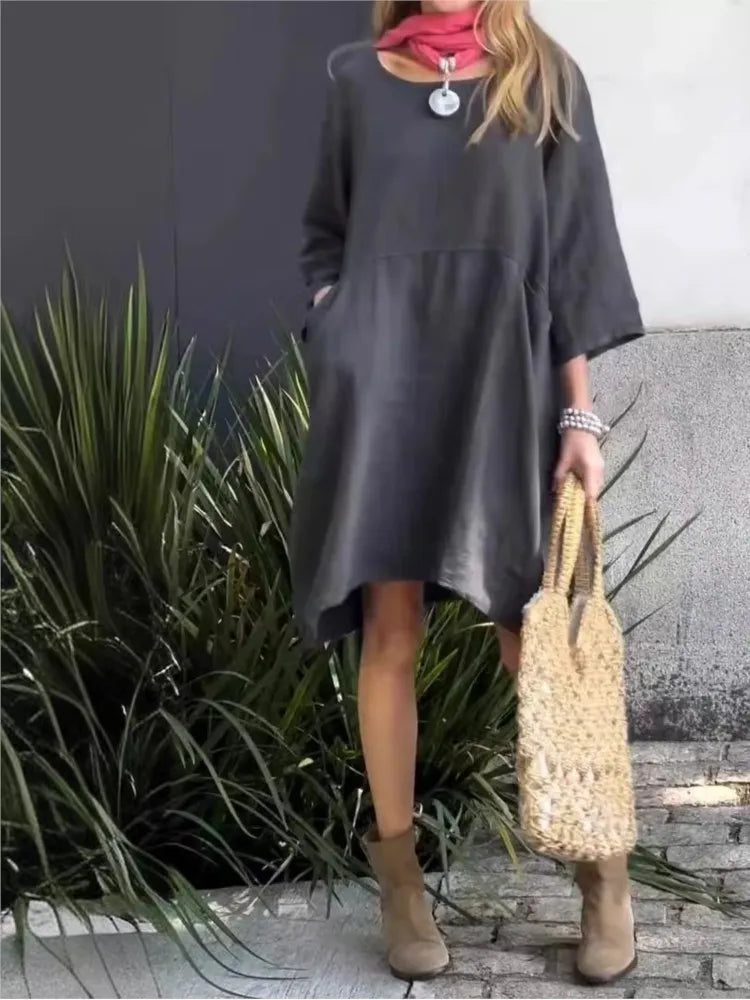 Vestido Feminino Algodão e Linho Elegante com Bolsos