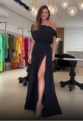 Vestido Longo Ombro a Ombro com Fenda Milla