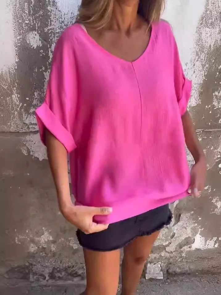 Blusa Casual Feminina Decote V Manga Média