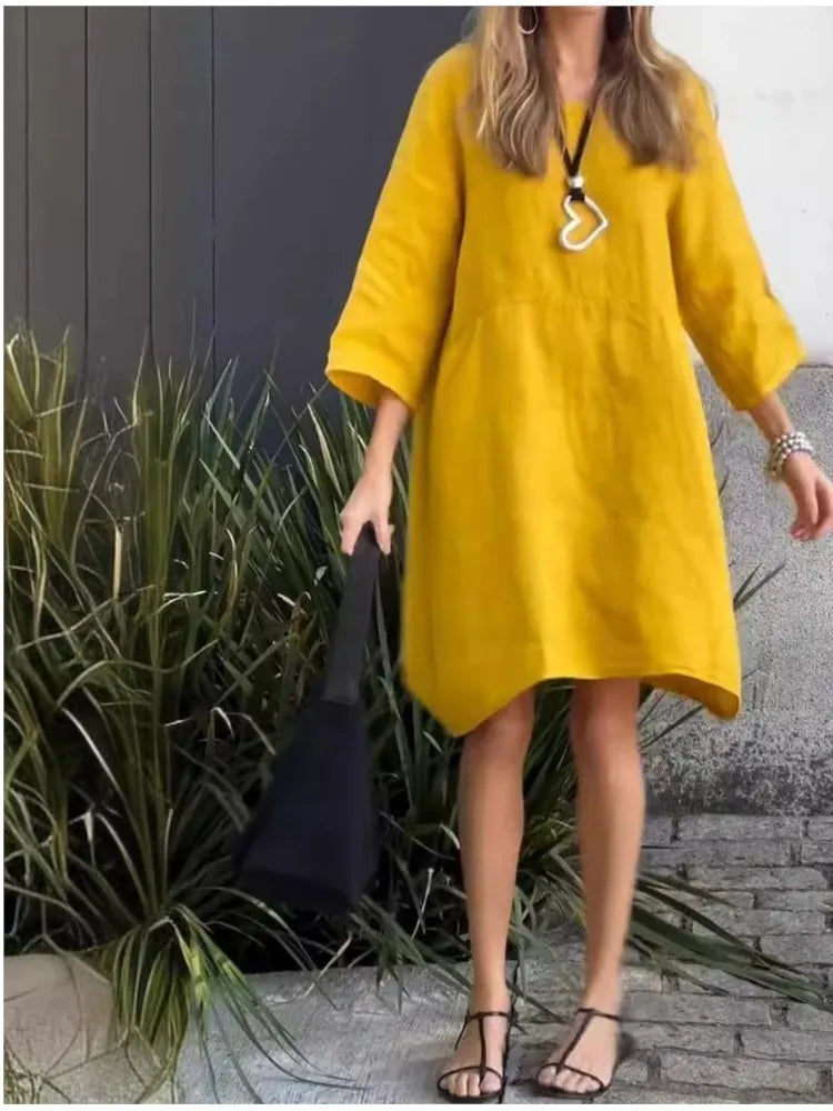 Vestido Feminino Algodão e Linho Elegante com Bolsos