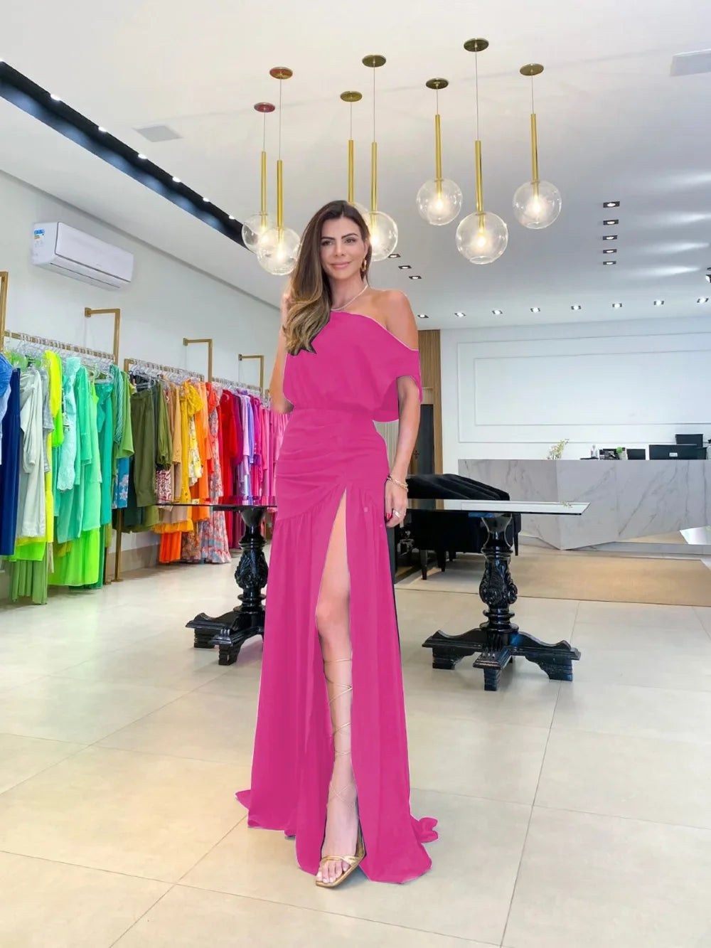 Vestido Longo Ombro a Ombro com Fenda Milla