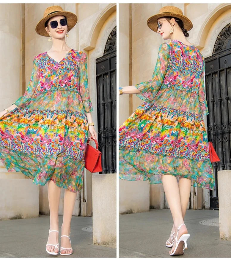 Vestido Midi Floral Chiffon Elsa