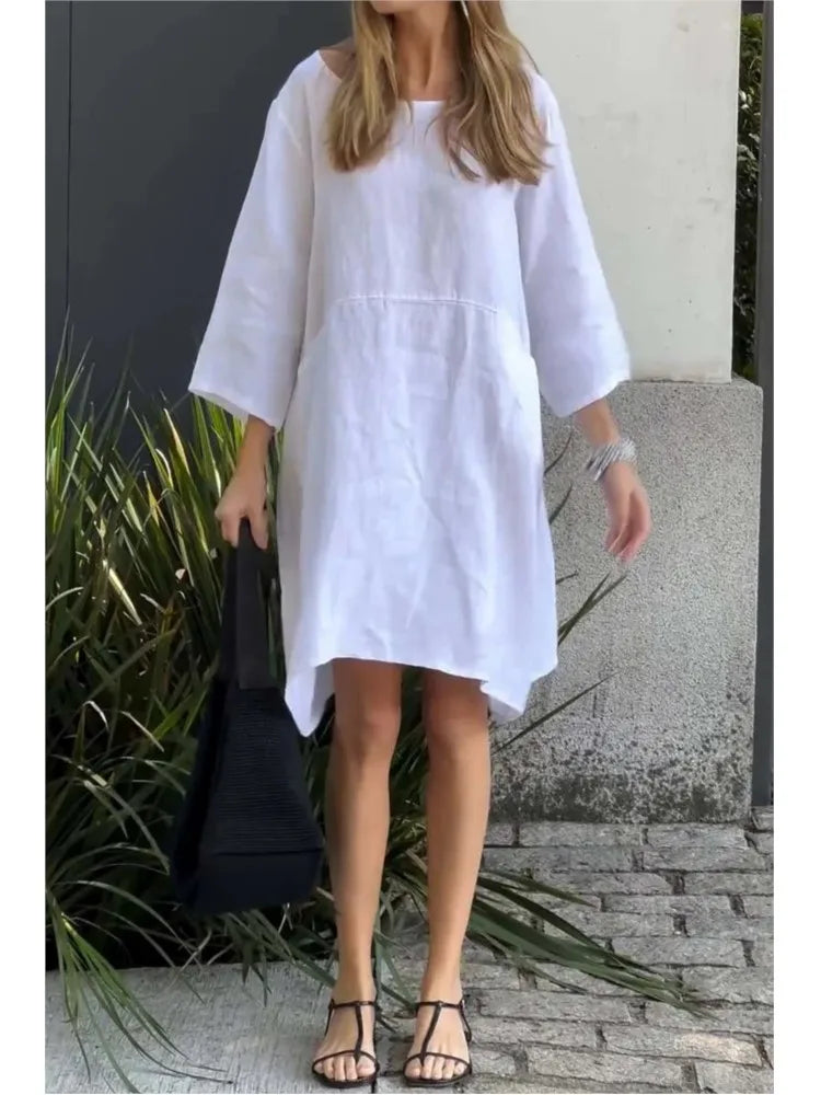 Vestido Feminino Algodão e Linho Elegante com Bolsos